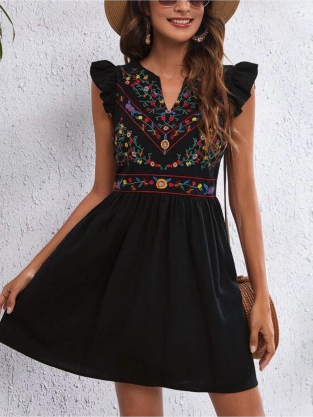 SHEIN Black Floral Embroidered Flutter Sleeve Cotton Mini Dress Women’s (fits M)